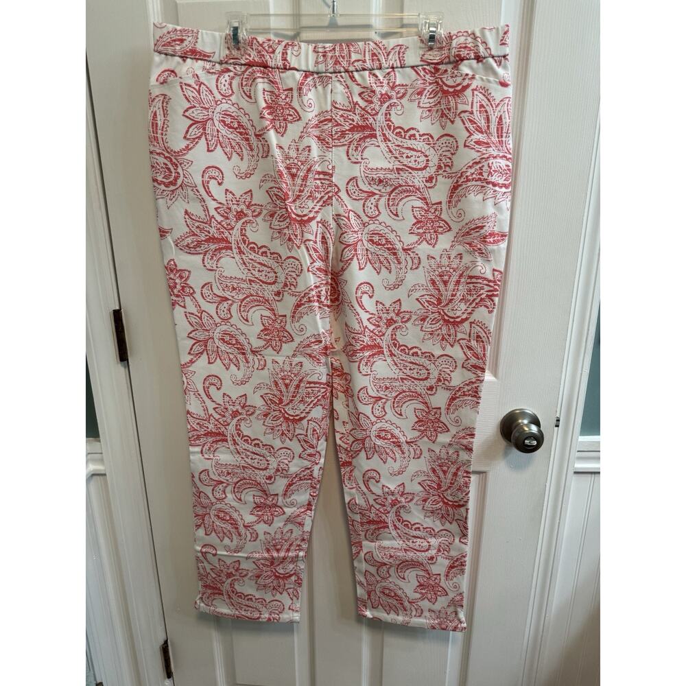 Denim Co 18W Printed Twill Coral Pull On Ankle Pants Side Slits Pockets New